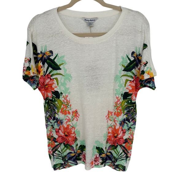 Tommy Bahama New! Floral Linen Tee Short Sleeve White Green Vacay Summer XS - Picture 1 of 8